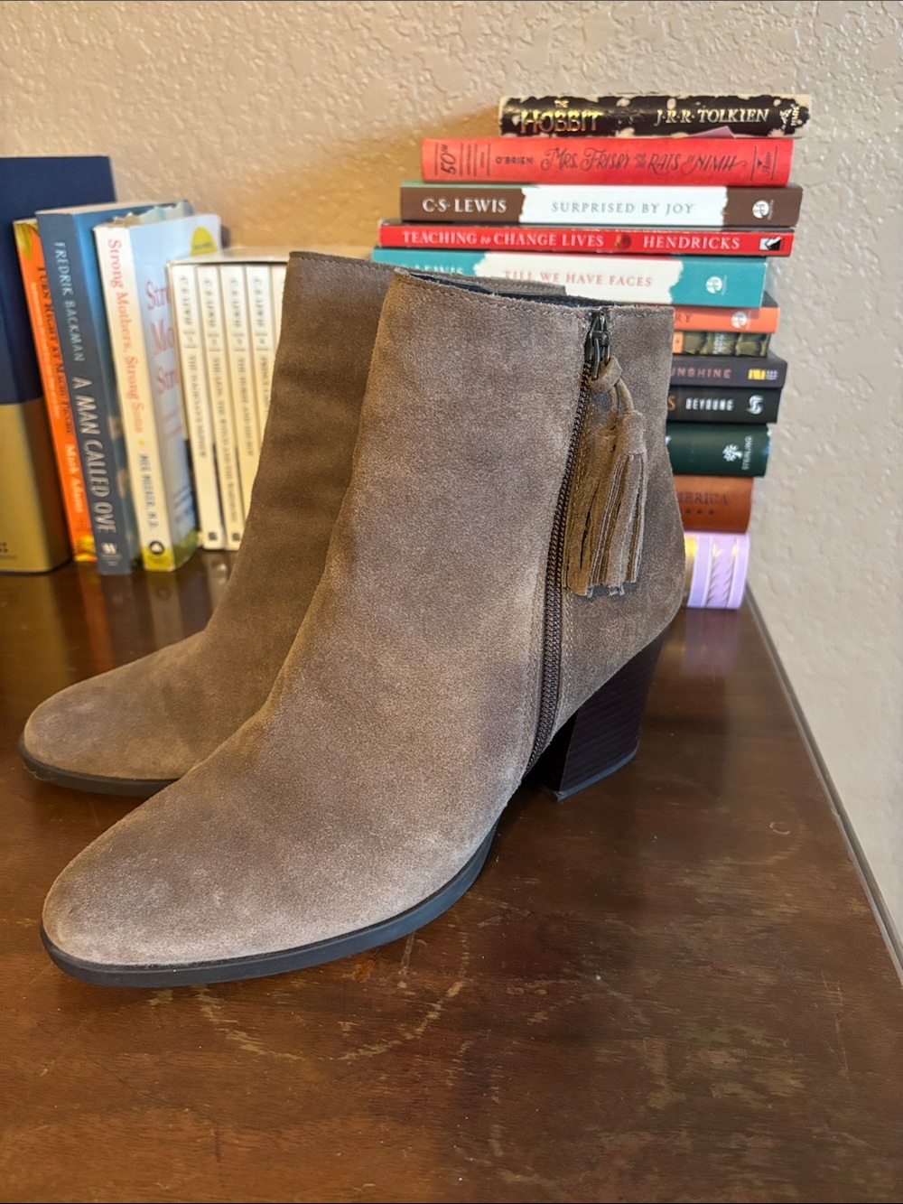Born Taupe Suede Ankle Booties with Side Tassel